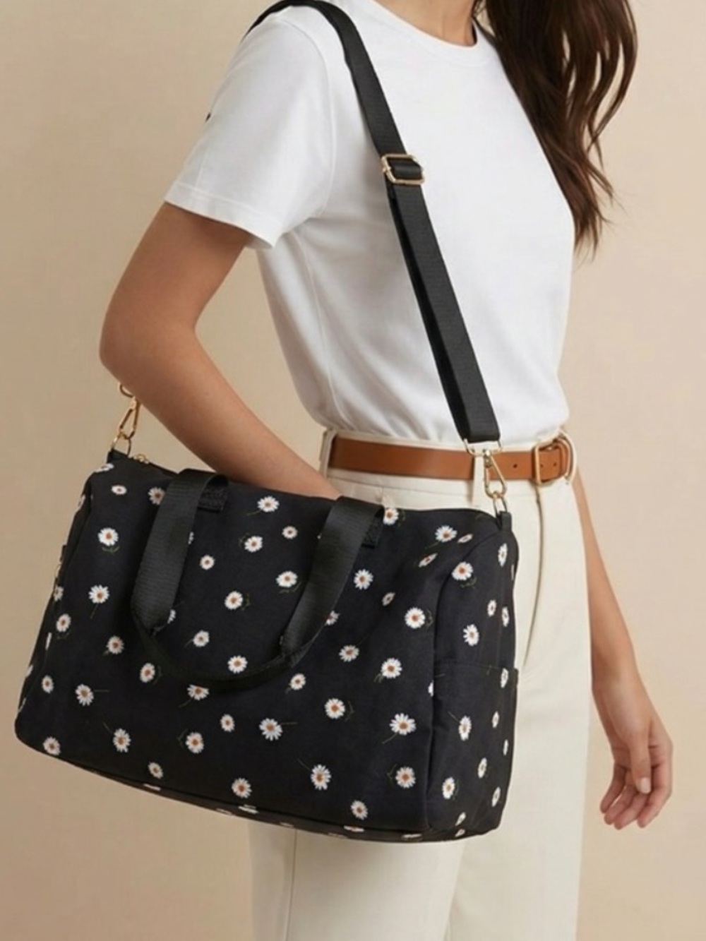 Alice + Olivia Black Daisy Print Travel Duffel